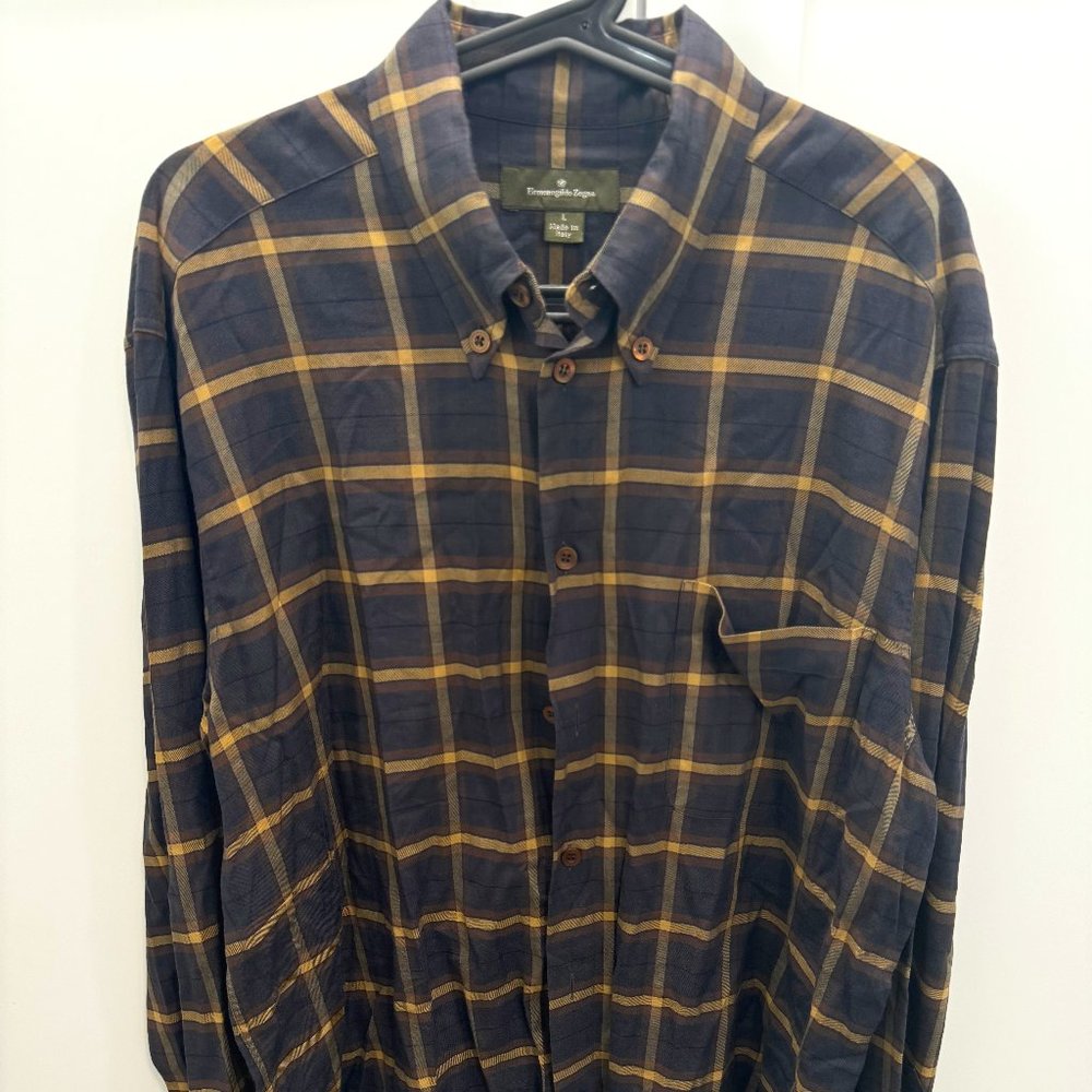Ermenegildo Zegna Casual Shirt Men’s Large Button Check Plaid Cotton Rayon Blend